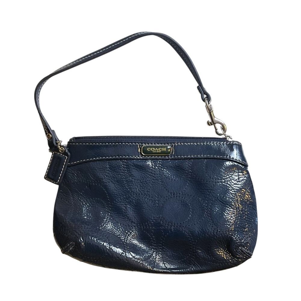Coach Purse Dark Blue Patent Leather Wristlet Clutch Eyelet Logo Zip Strap
